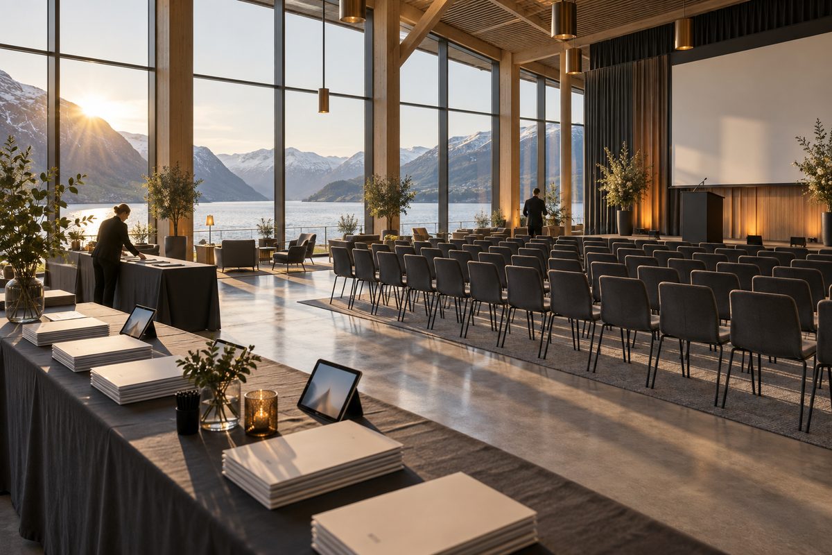 Sollys faller over stoler og et registreringsbord i et nordisk konferansesenter med utsikt mot fjorden.