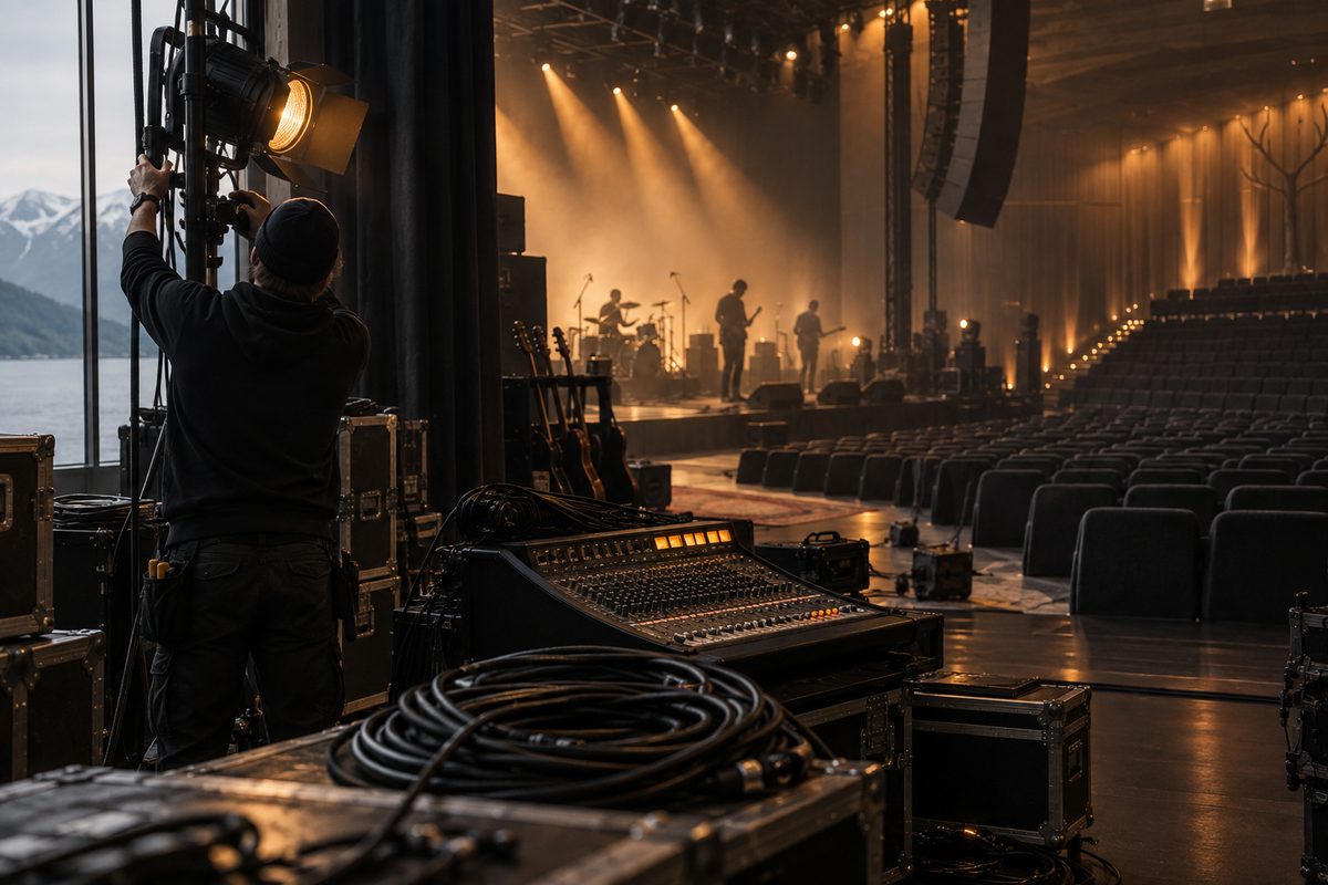 Fra scenekanten står en lydmikser og kveilede kabler foran små silhuetter under varme scenelys i konsertsalen.