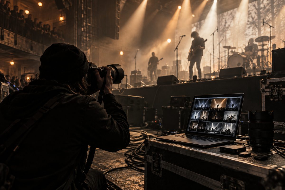 En fotograf fanger musikere i varmt scenelys, med en bærbar datamaskin og ekstra objektiv på en utstyrskasse ved siden av.