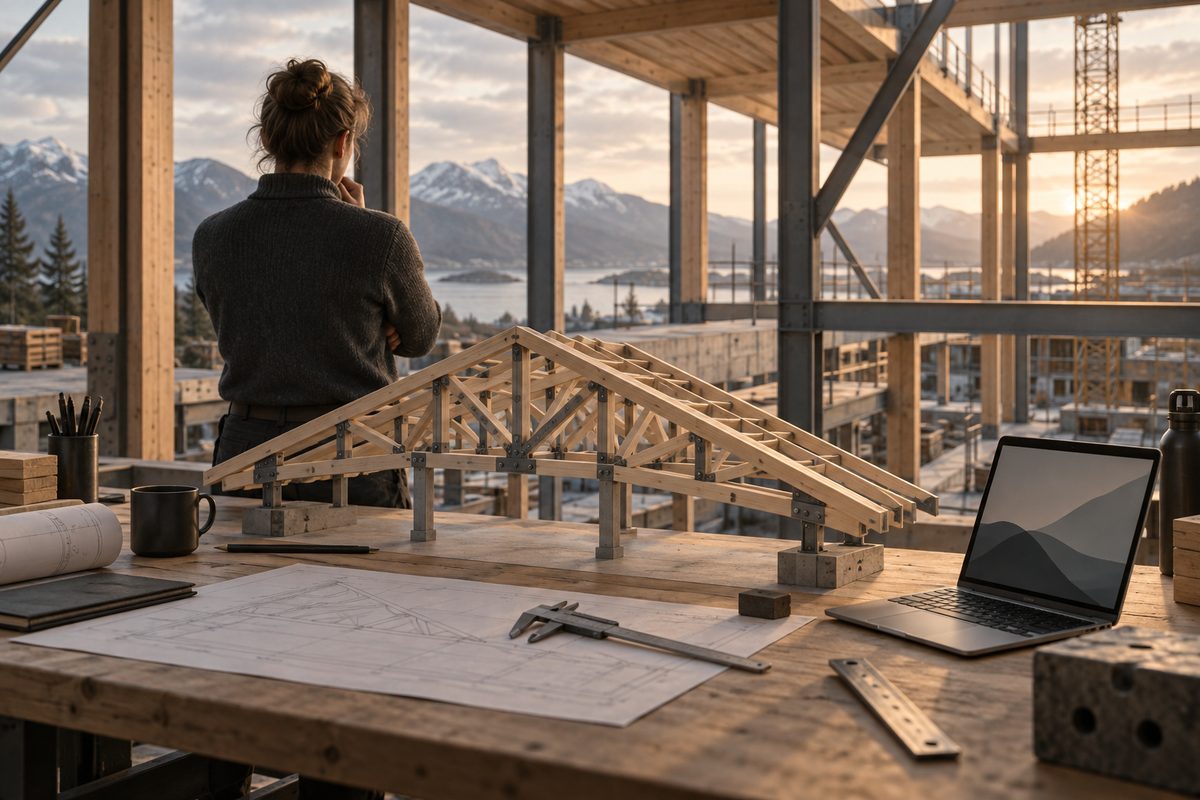 En konstruksjonsingeniør sett bakfra undersøker en takstolmodell med skyvelære ved siden av tekniske tegninger.