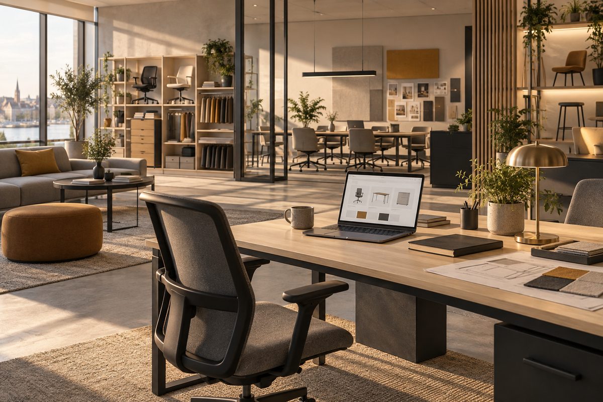 Et nordisk møbelshowroom viser kontorstoler, skrivebord og stoffprøver rundt en åpen laptop med møbelbilder på skjermen.