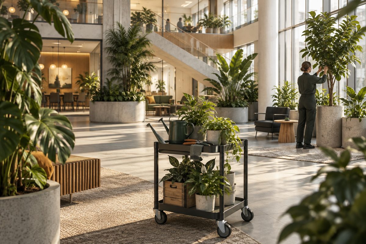 En servicearbeider steller en stor plante i et lyst kontoratrium, med tralle, vannkanne og flere grønne potter i forgrunnen.