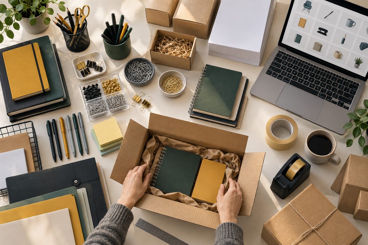 Sett ovenfra ligger penner, blokker, binders og tape rundt åpne pappesker og en laptop med et rutenett av produktbilder.