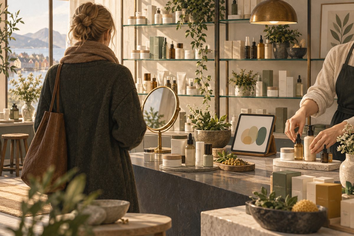 En kunde ser på hudpleieprodukter i en lys butikk mens ansatte hender ordner kremkrukker og serum ved siden av et nettbrett med fargefelt.