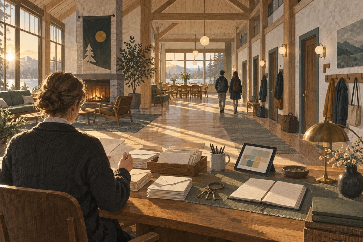 I et lyst fellesrom ved internat sorterer en ansatt konvolutter og nøkler mens elever går mot spisesalen.