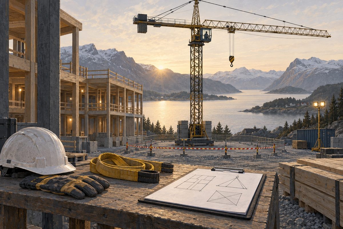 En kran står over en avsperret byggeplass ved fjorden; hjelm, løftestropper, hansker og en plan ligger på bordet.