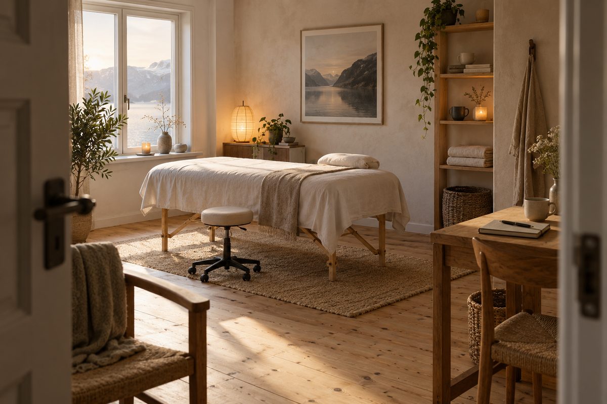 Et lyst behandlingsrom med massasjebenk, brettede håndklær, varm lampe og notatbok ved vinduer mot norsk fjordlandskap.