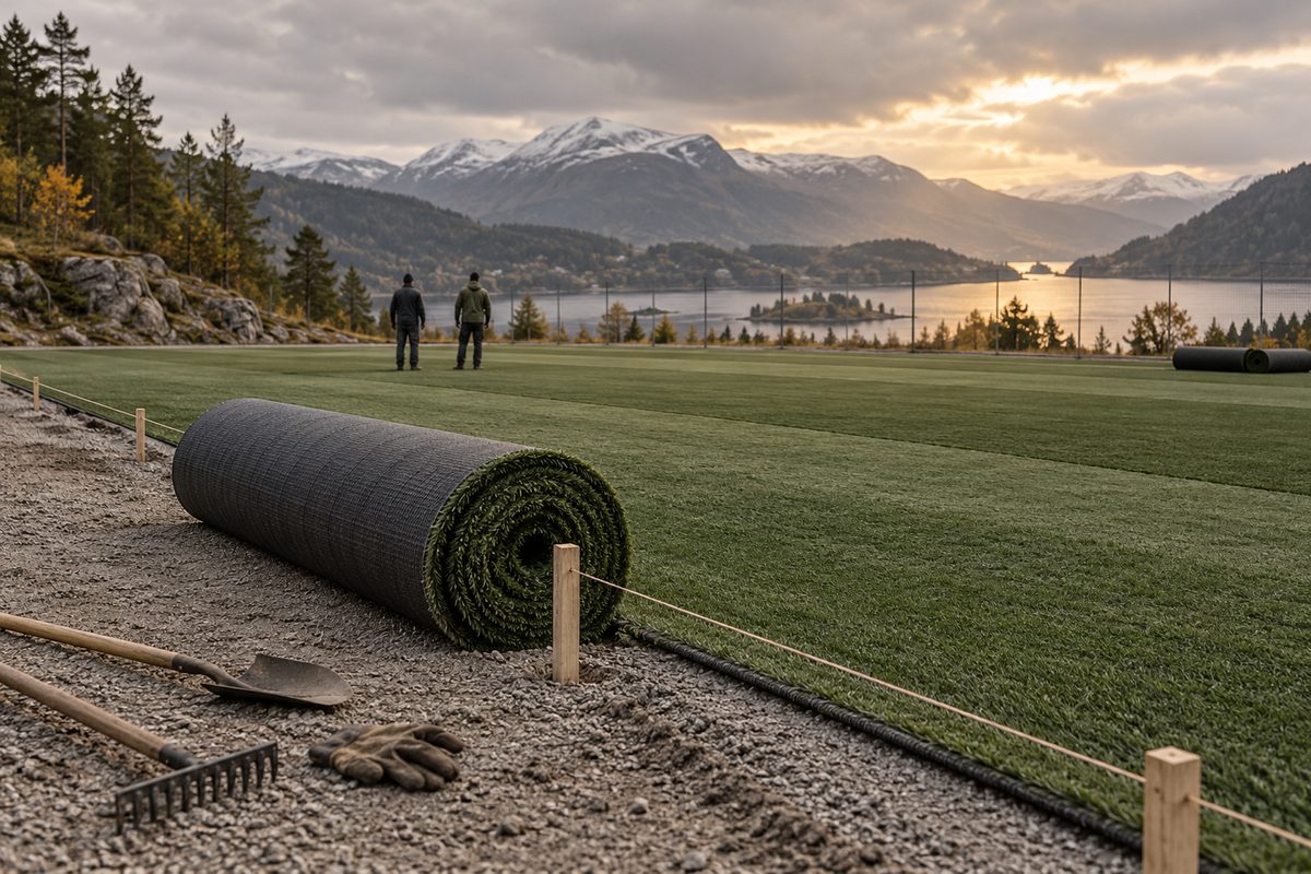 En kunstgressrull ligger ved en delvis ferdig bane mens to montører ser utover et norsk fjellandskap.