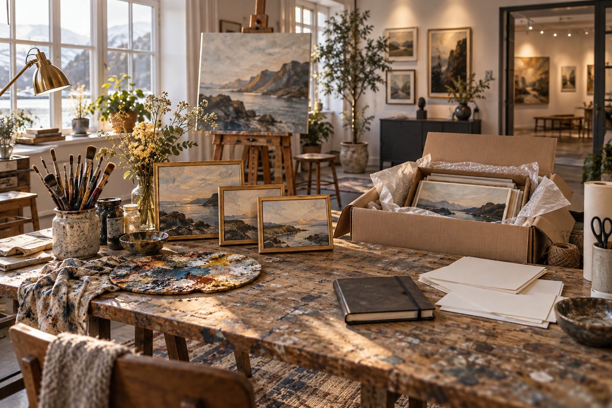 I et lyst atelier ligger pensler og palett ved innrammede landskapsmalerier, en åpen frakteske og blanke ark.