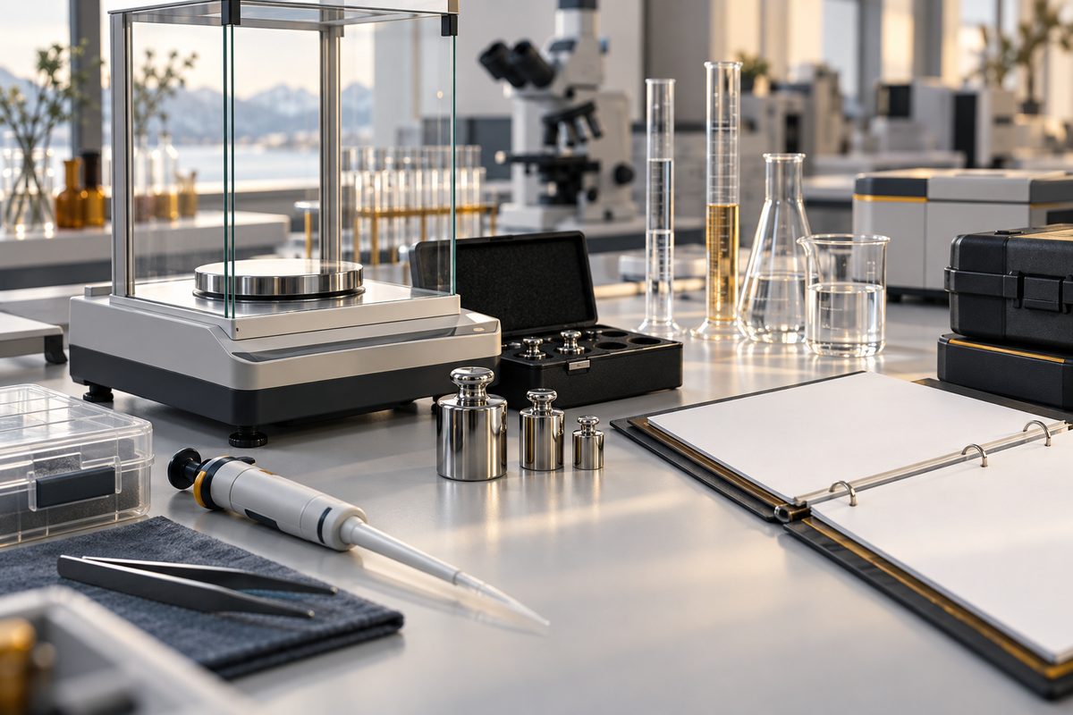 Presisjonsvekt og blanke kalibreringslodd står ved en pipette, glassmål og en åpen perm i et lyst laboratorium.