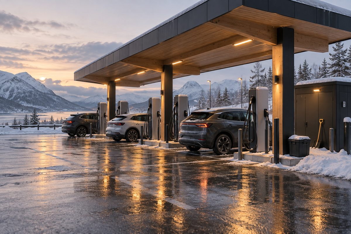 En norsk ladestasjon med flere elbiler under tretak, omgitt av snødekte fjell og våt asfalt i varmt morgenlys.