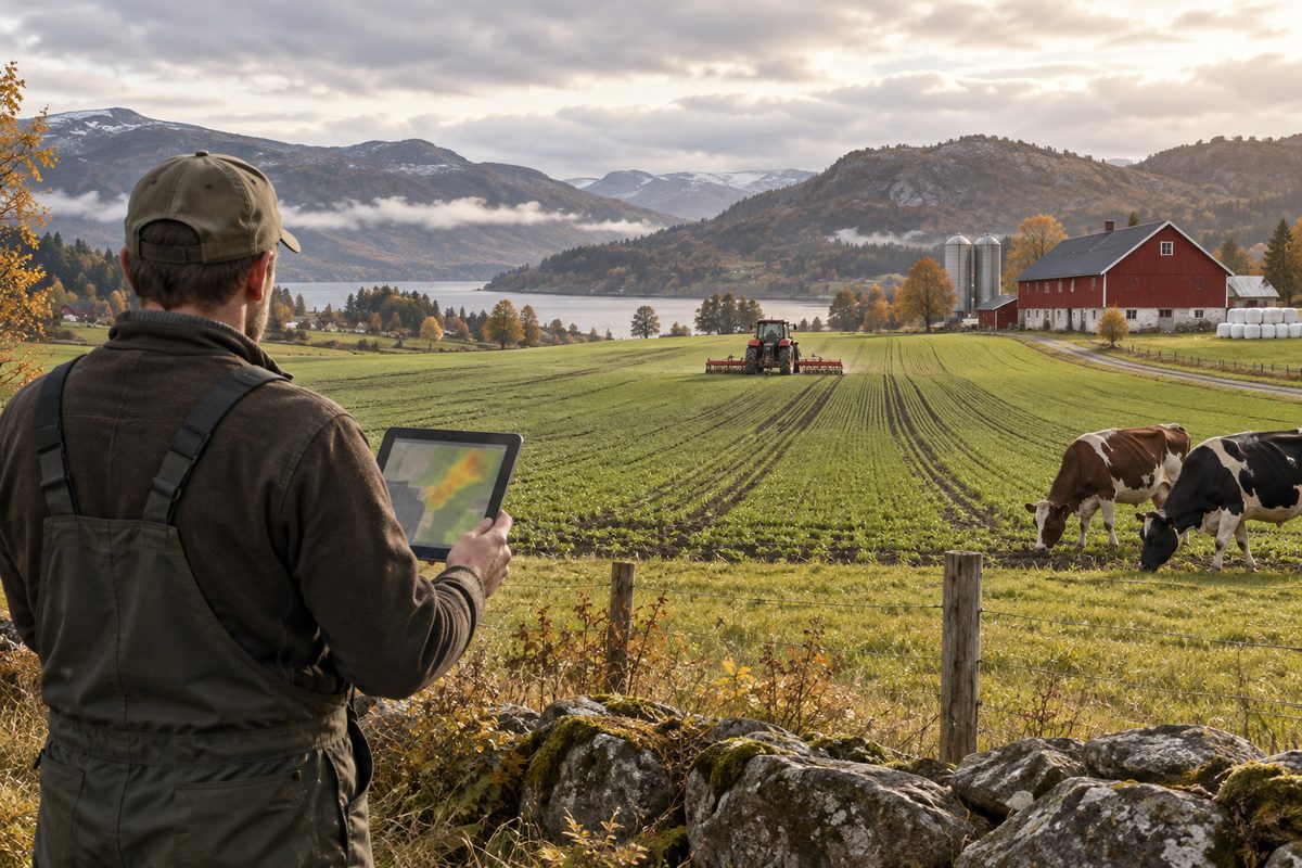 En bonde med nettbrett ser utover åkre med traktorspor, kyr på beite og en rød låve mellom skogkledde åser.