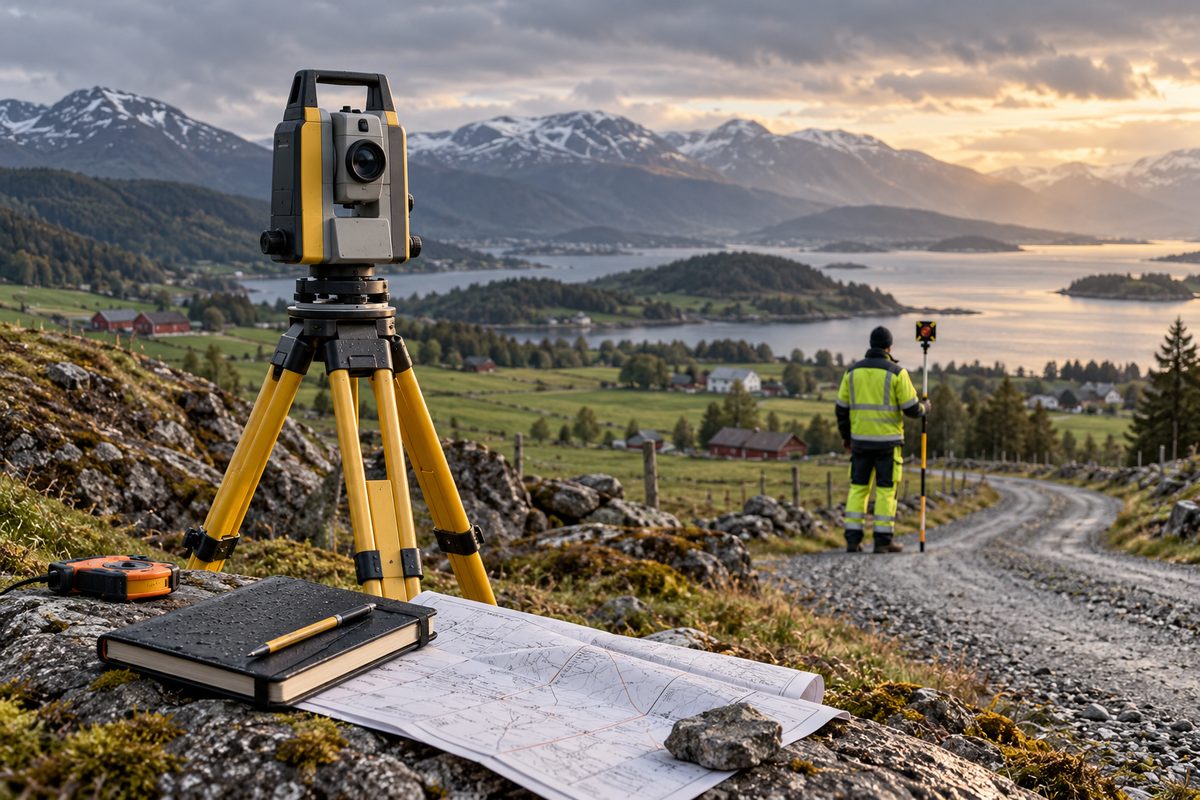 Et totalstasjon og måleutstyr står ved siden av oppmålingskart på en steinete høyde, mens en landmåler arbeider ved veien i fjordlandskapet.