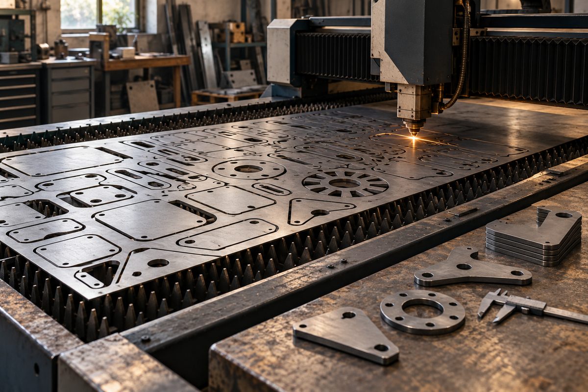 En laserskjærer arbeider over en tett nestet stålplate, med ferdigskårne metalldeler samlet på kanten av maskinbordet.