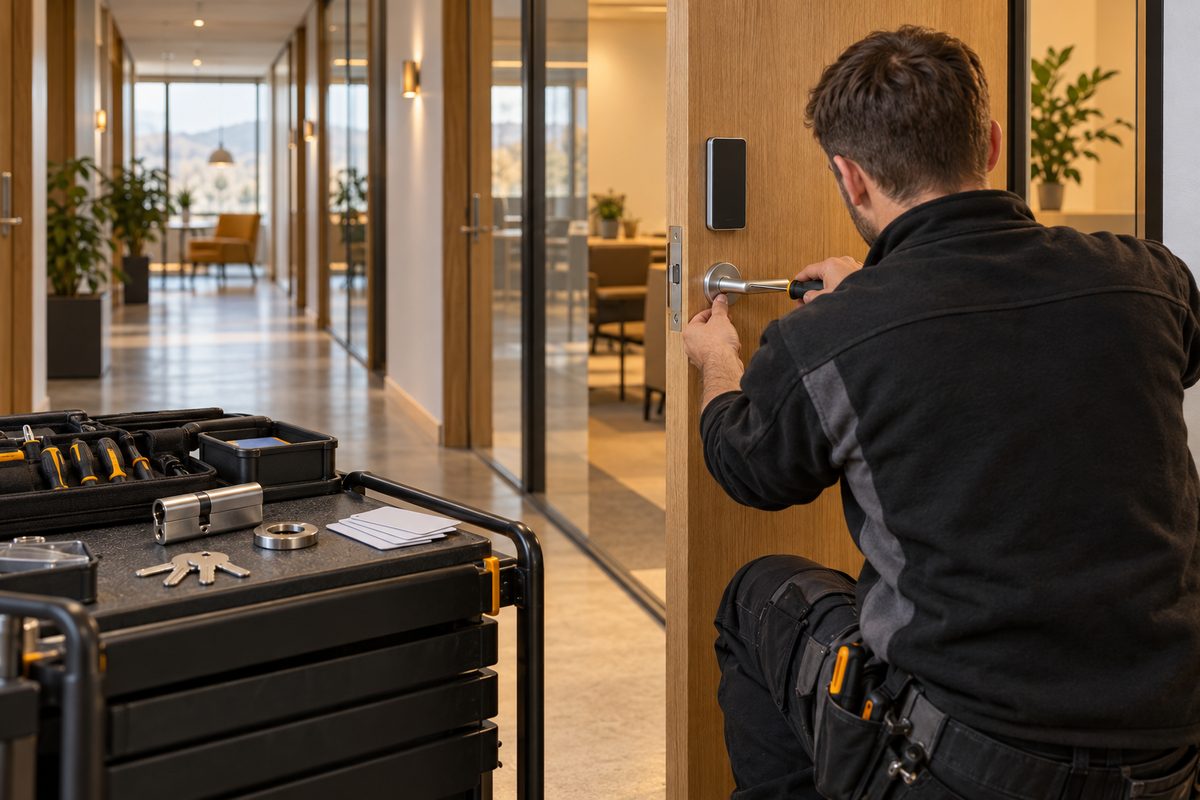 En låsesmed monterer en dørvrider ved en kortleser, med verktøy og en ny låssylinder klare på servicevognen.
