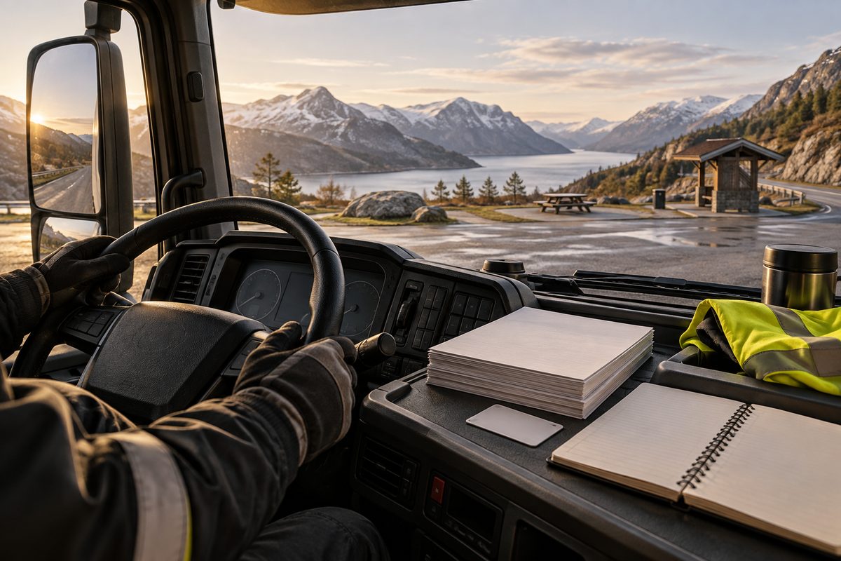 Fra en lastebilførerhytte sees blanke transportskjemaer og refleksvest ved rattet, med norsk fjordvei gjennom frontruten.
