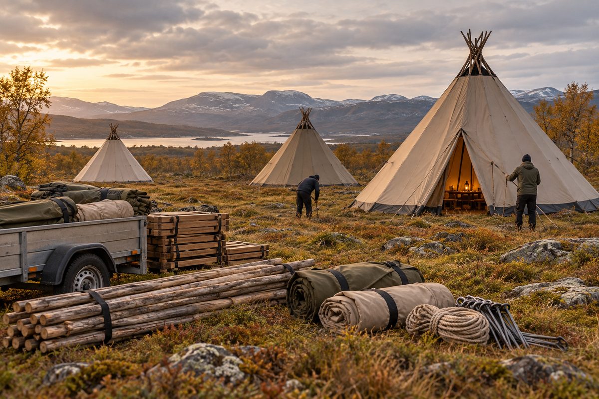 Lavvoer står i et norsk fjellandskap mens riggeutstyr, sammenrullet duk og benker ligger klare ved en tilhenger.