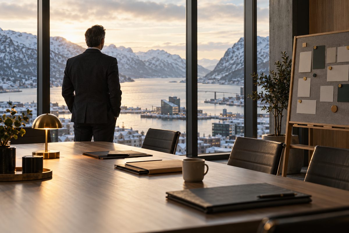 En leder står med ryggen til ved vinduet i et lyst møterom, mens mapper, kaffekopp og planleggingstavle står på bordet.