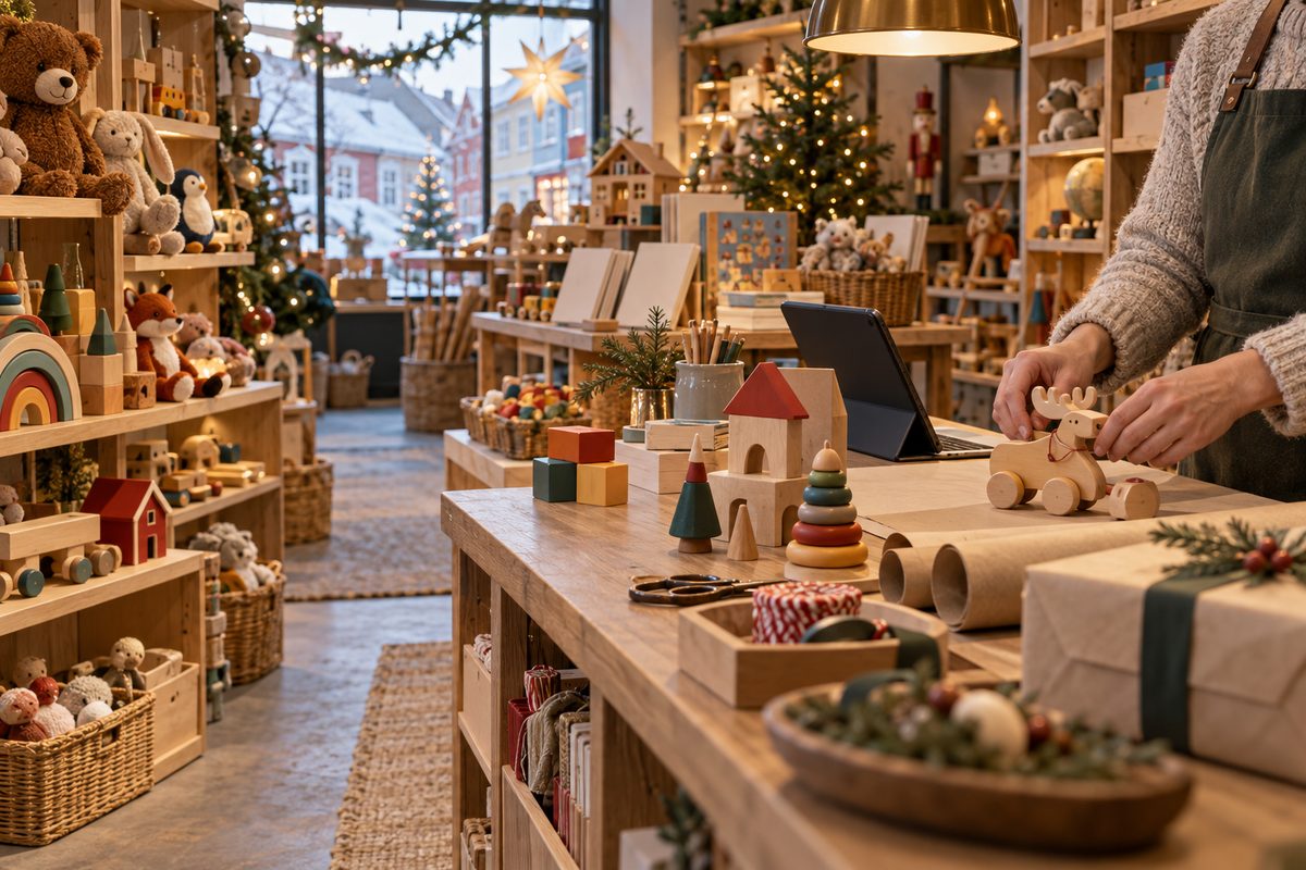 En butikkhånd ordner en treleke ved pakkedisken, omgitt av kosedyr, byggeklosser og leker i hyllene.