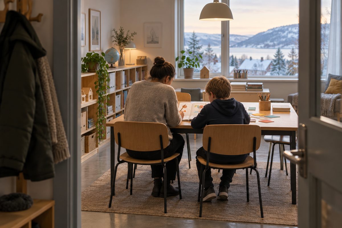En veileder og en elev arbeider sammen ved et bord med arbeidsbok og fargekort i et rolig, lyst leksehjelpsrom.