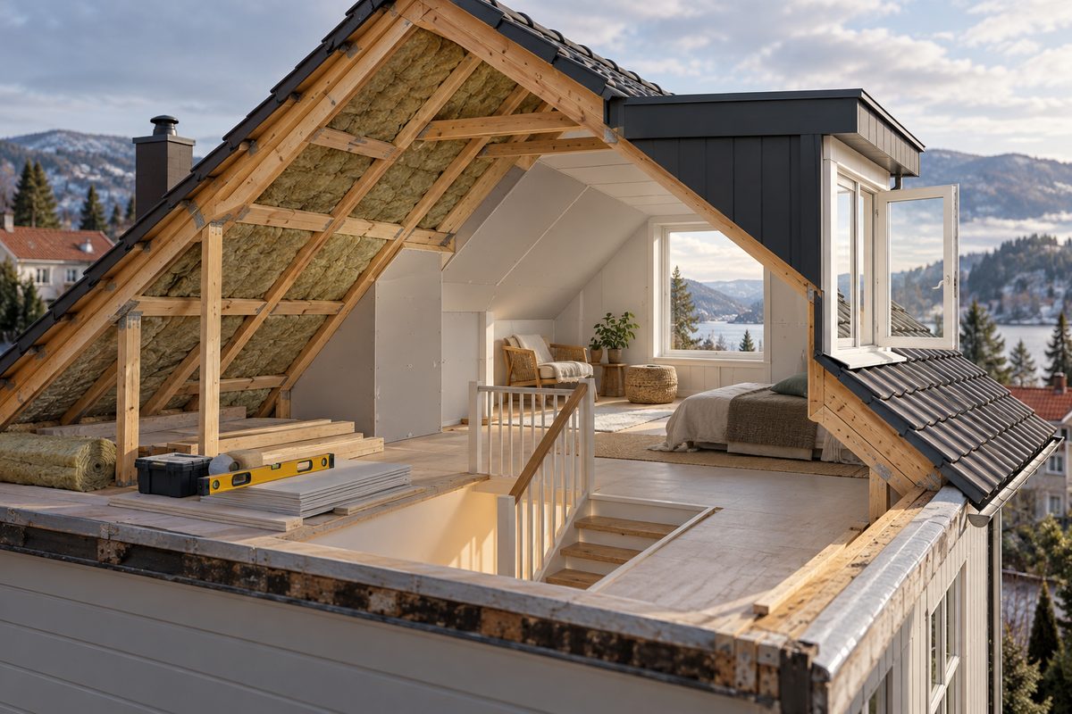 Et loft under ombygging viser synlig isolasjon i taket, en lys kvist med åpningsvindu og en trapp ned i rommet.