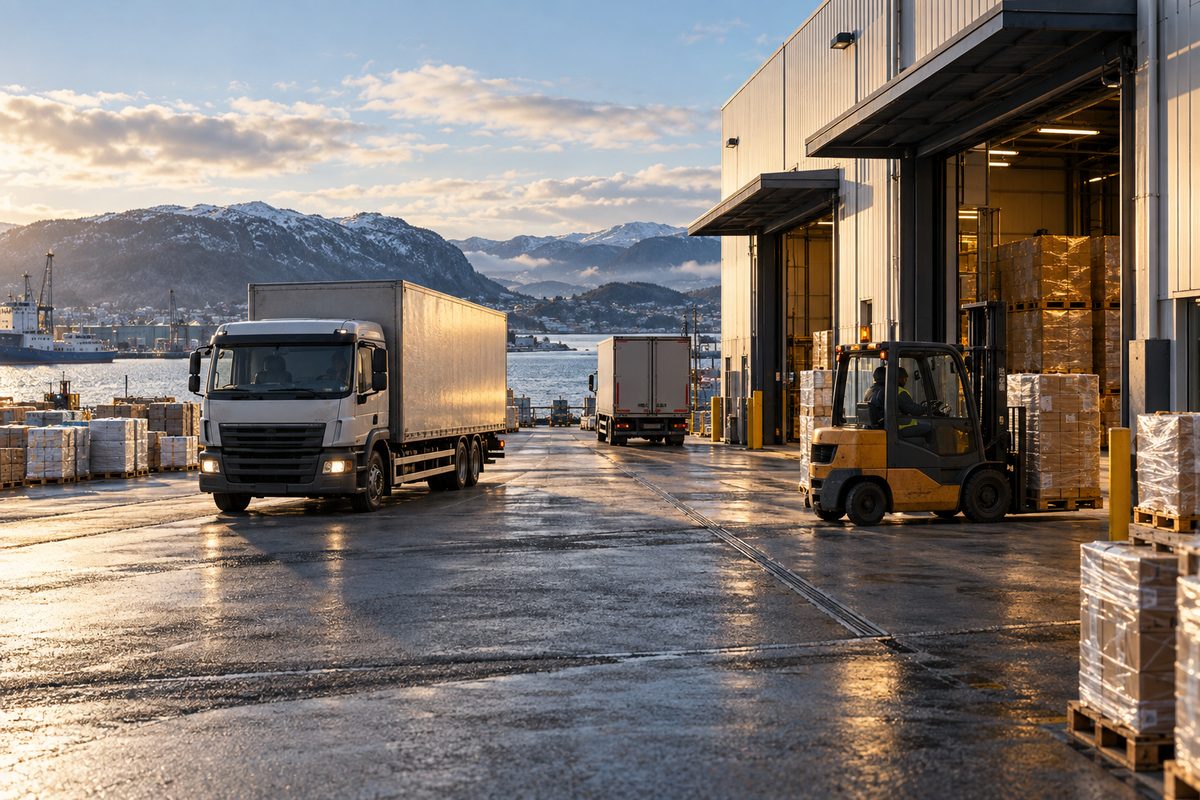 En lastebil kjører inn på en havneterminal mens en gaffeltruck flytter paller ved et opplyst lager.