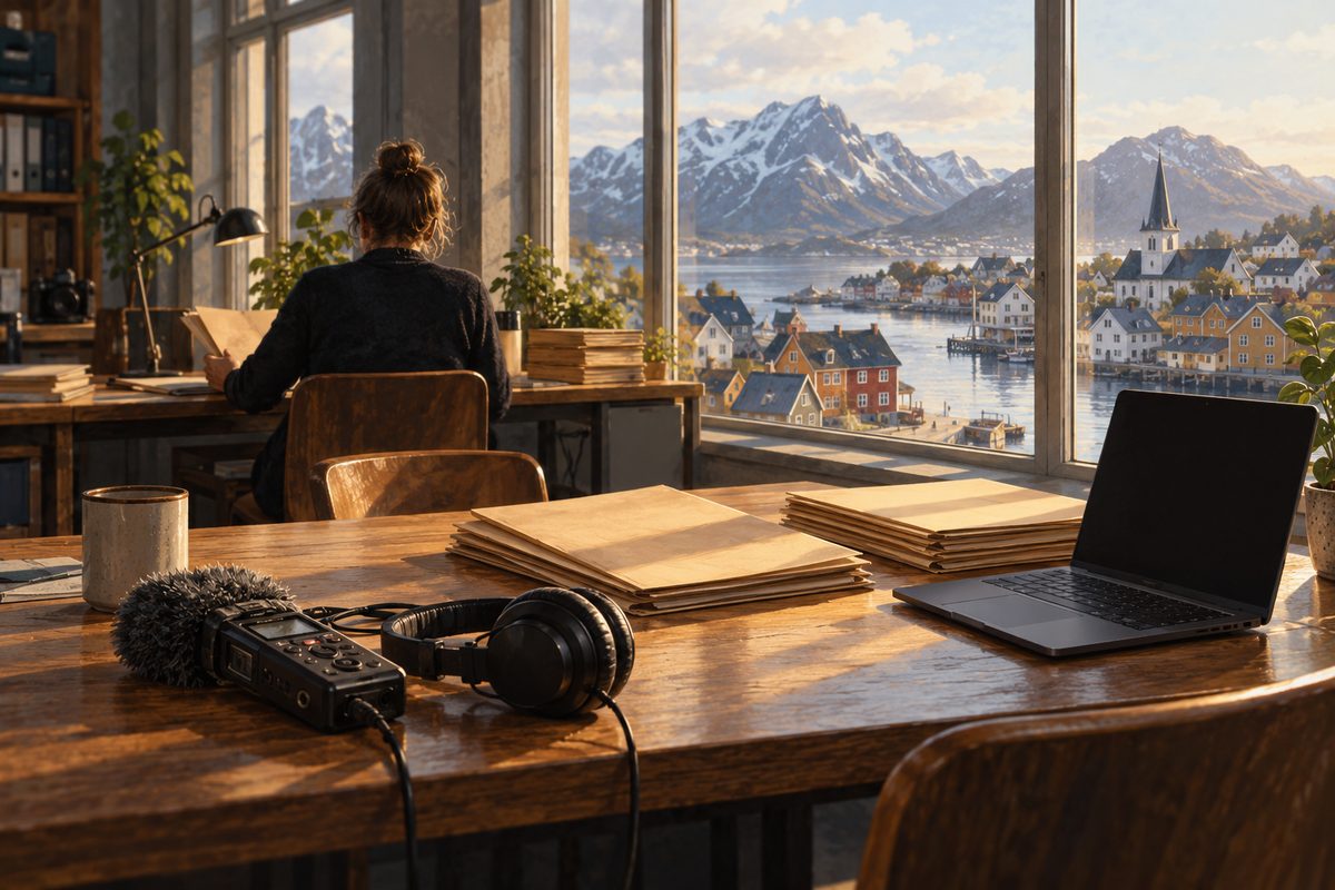 En journalist sett bakfra arbeider i et lyst lokalkontor med lydopptaker, hodetelefoner, mapper og utsikt mot en norsk kystby.