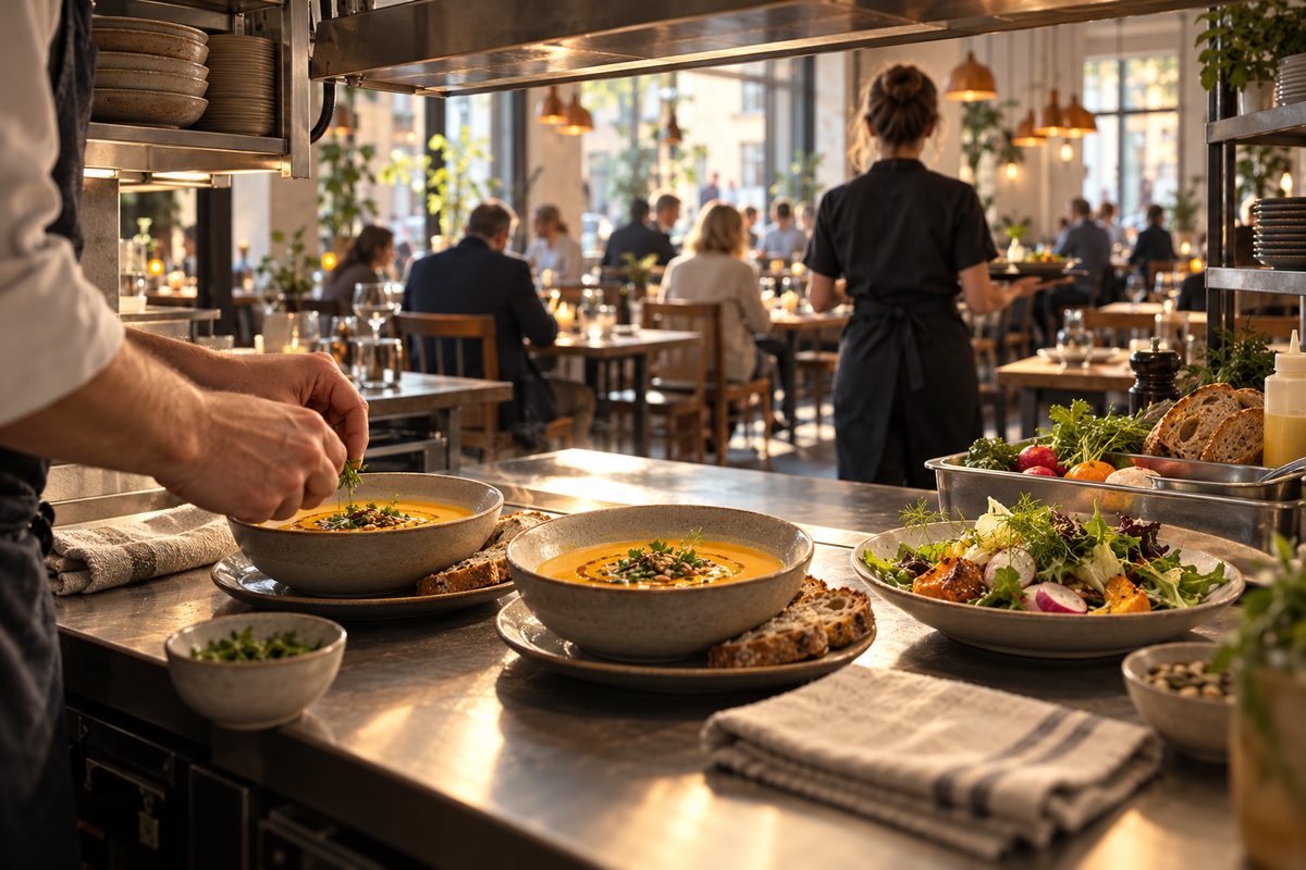 En kokk pynter suppeskåler ved kjøkkenpasset mens en servitør går ut blant gjestene i en travel lunsjrestaurant.