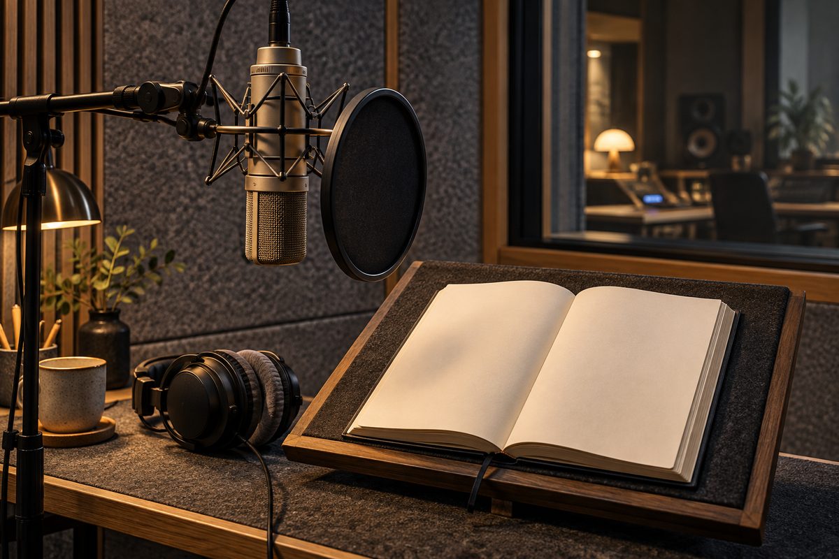 Studiomikrofon med popfilter, hodetelefoner og en åpen bok på lesestativ i et varmt belyst lydstudio.
