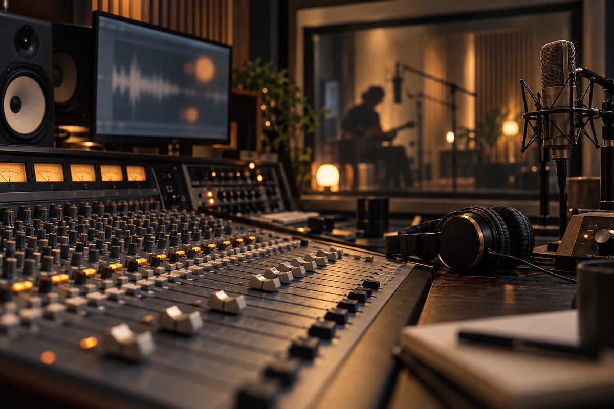 Miksepult og hodetelefoner fyller forgrunnen i et innspillingsstudio, med mikrofon og musiker bak glass.