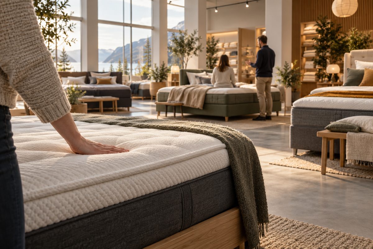 En hånd tester madrassen i forgrunnen, mens en kunde og butikkansatt snakker mellom sengene i et lyst showroom.