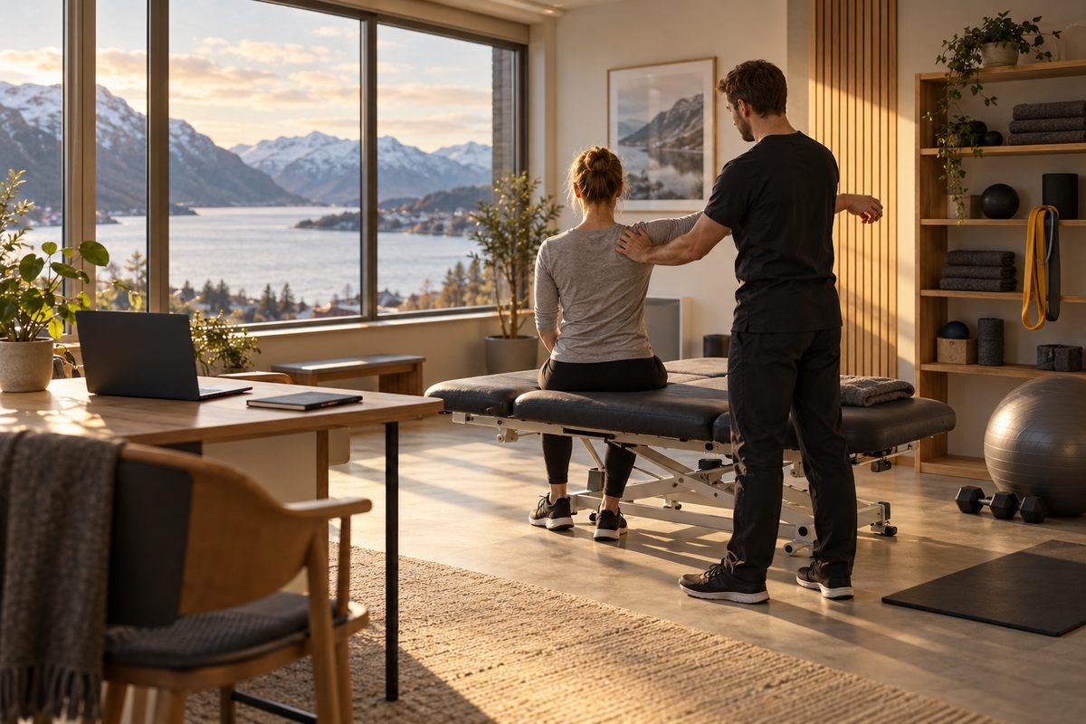 En terapeut veileder en påkledd pasient ved behandlingsbenken, mens skrivebordet står klart ved vinduet.