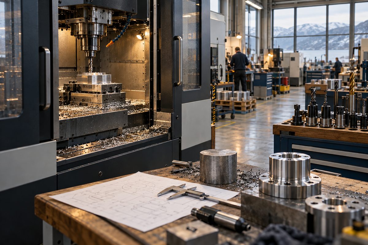 En åpen CNC-maskin freser et metallstykke mens ferdige deler og verktøy står klare i et lyst verksted.