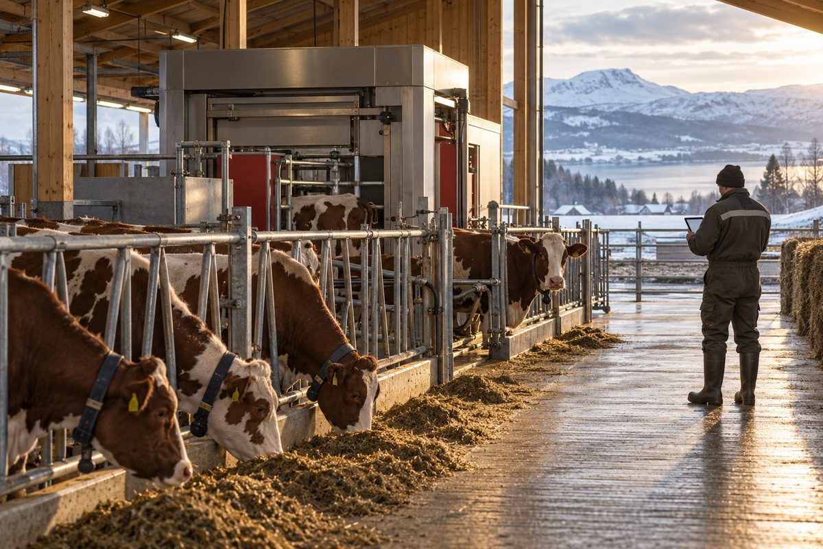 En bonde med nettbrett står bakfra ved kyr og melkerobot i en lys fjøs, med vinterlandskap synlig utenfor.