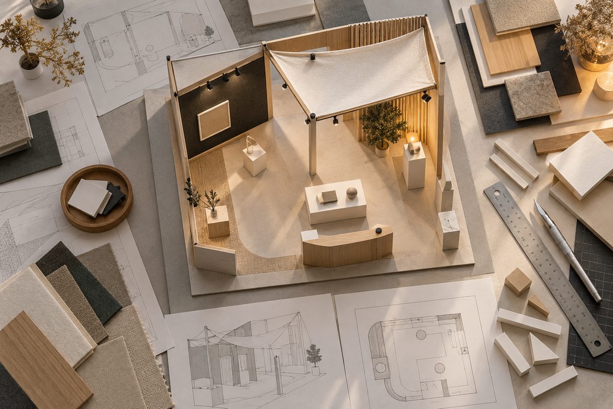 En detaljert modell av en messestand ligger på et arbeidsbord omgitt av materialprøver, måleverktøy og skisser.