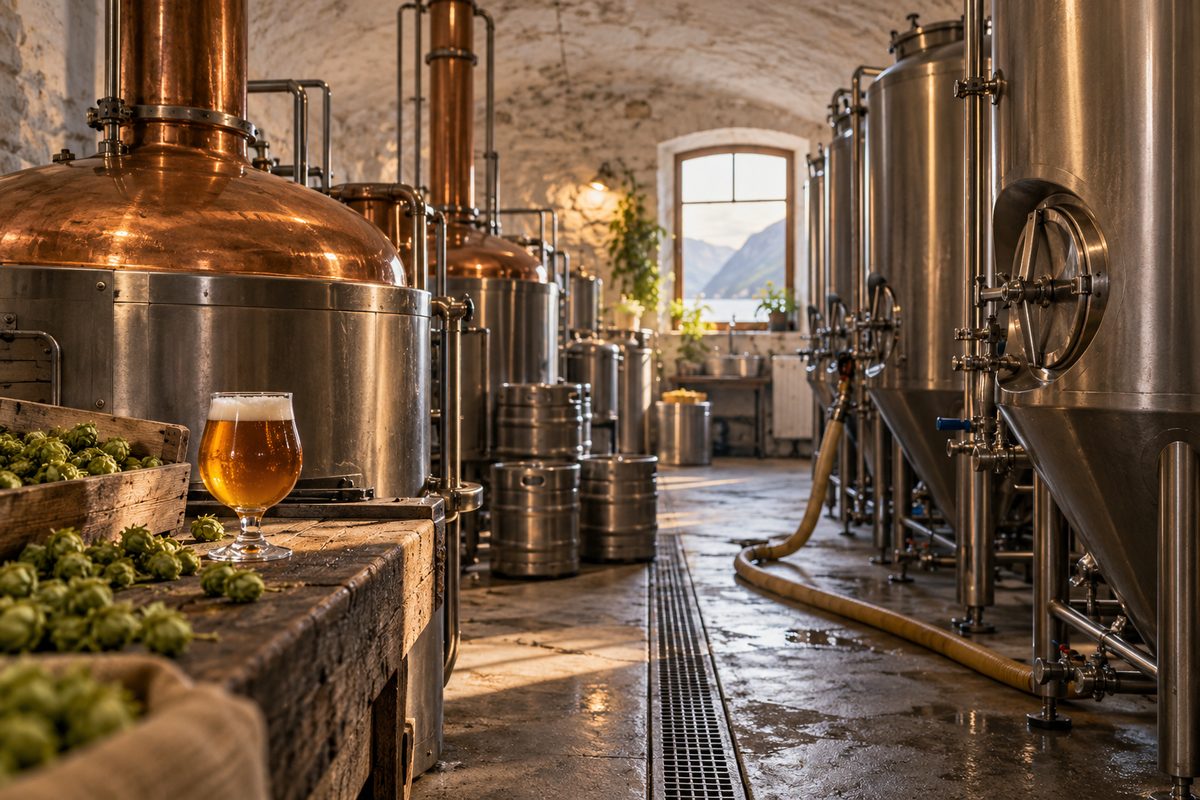 Et glass ravfarget øl og humle står foran kobberkjeler og rustfrie gjæringstanker i et lite bryggeri.