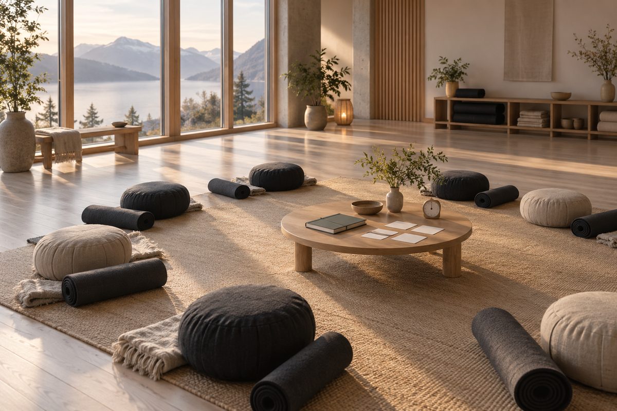 Matter og meditasjonsputer står i en lys sal med fjellutsikt, mens blanke planleggingskort ligger på et lavt bord.