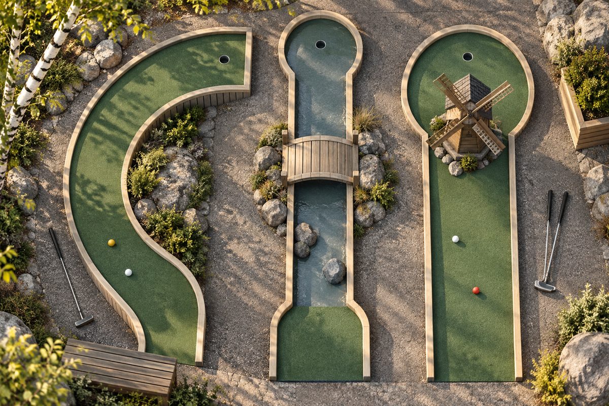 Tre minigolfbaner slynger seg mellom steiner og bjørk, med køller og fargede baller langs kantene.