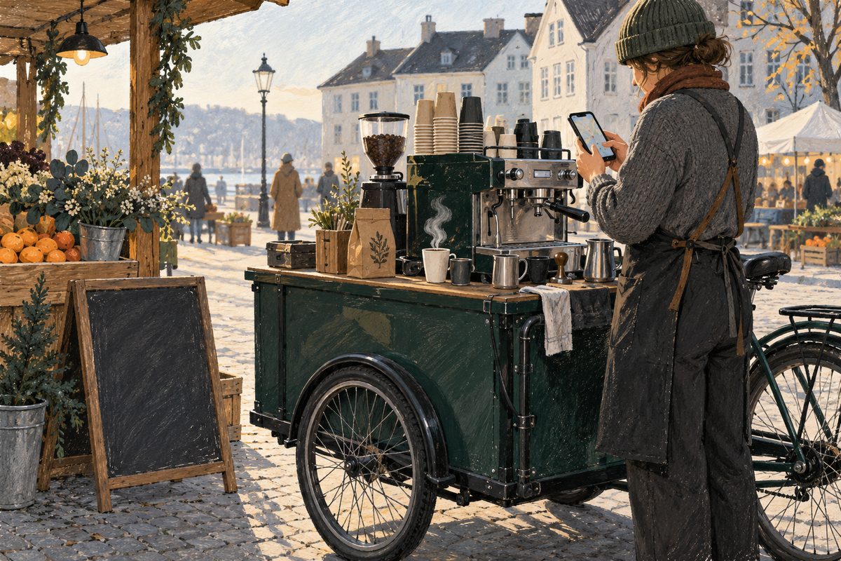 En kaffevogn på lastesykkel står på et lyst nordisk torg, med espressomaskin, kopper og en barista som sjekker telefonen.