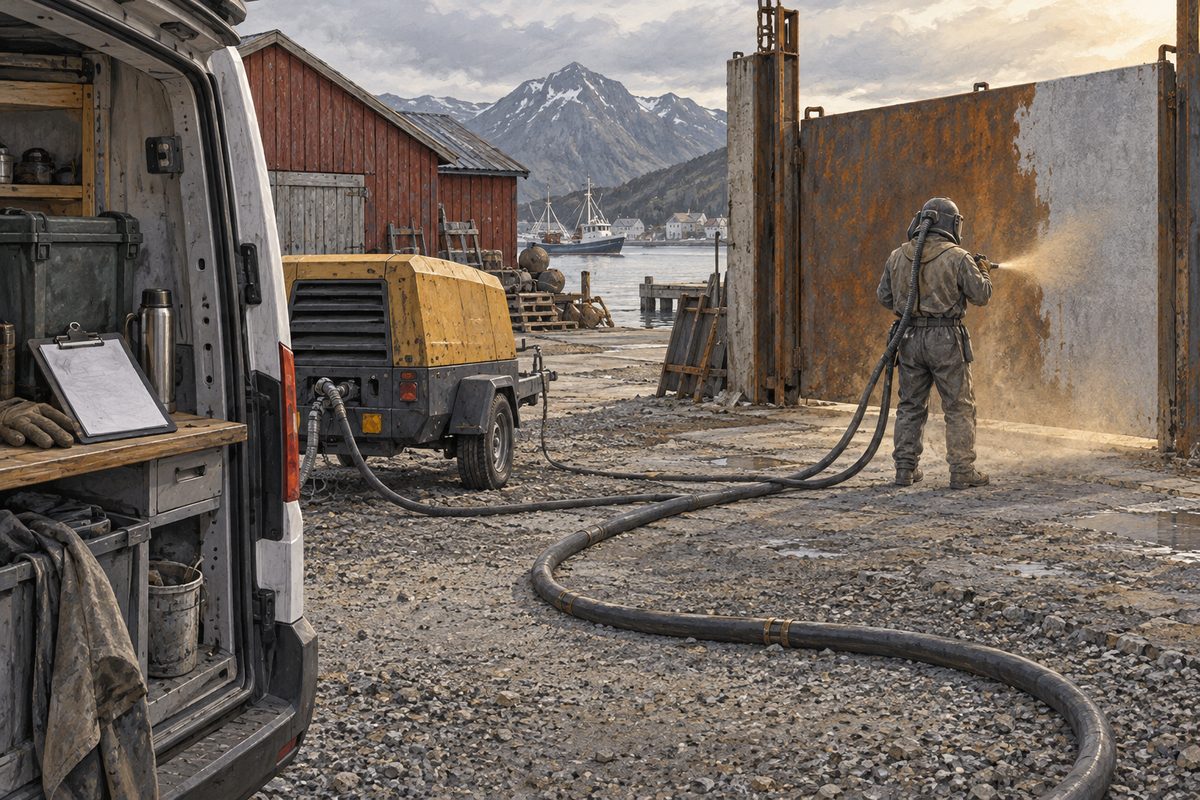 En sandblåser i vernedrakt renser en rusten stålvegg ved havna, med slange og kompressor koblet til en varebil.