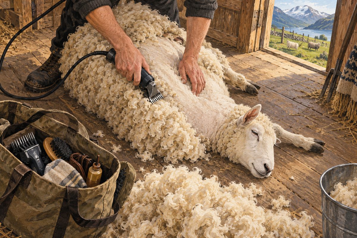 Saueklipperen arbeider med maskin over en rolig sau i treboden, omgitt av ull, verktøy og beiteutsikt.