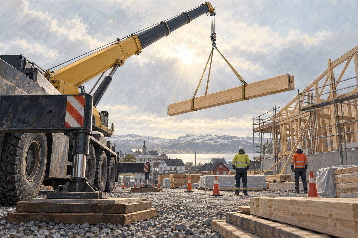 En mobilkran løfter en trebjelke over en nordisk byggeplass, der to arbeidere følger løftet fra trygg avstand.