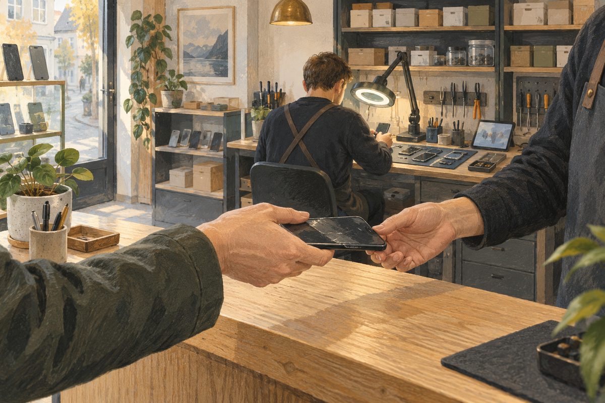 En kunde leverer en telefon over disken i et lite verksted, der en tekniker arbeider med deler under en arbeidslampe.