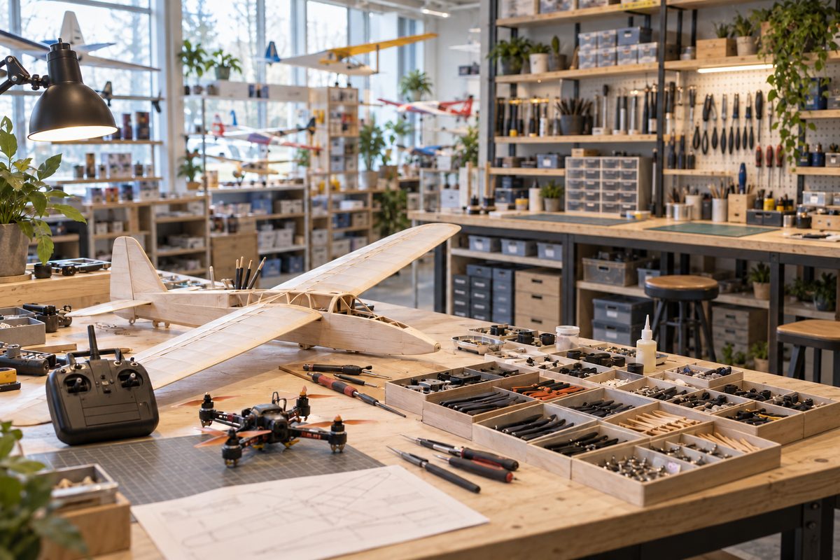 Et uferdig balsa-seilfly ligger på en verkstedbenk mellom sorterte propeller, en radiosender og små verktøy.