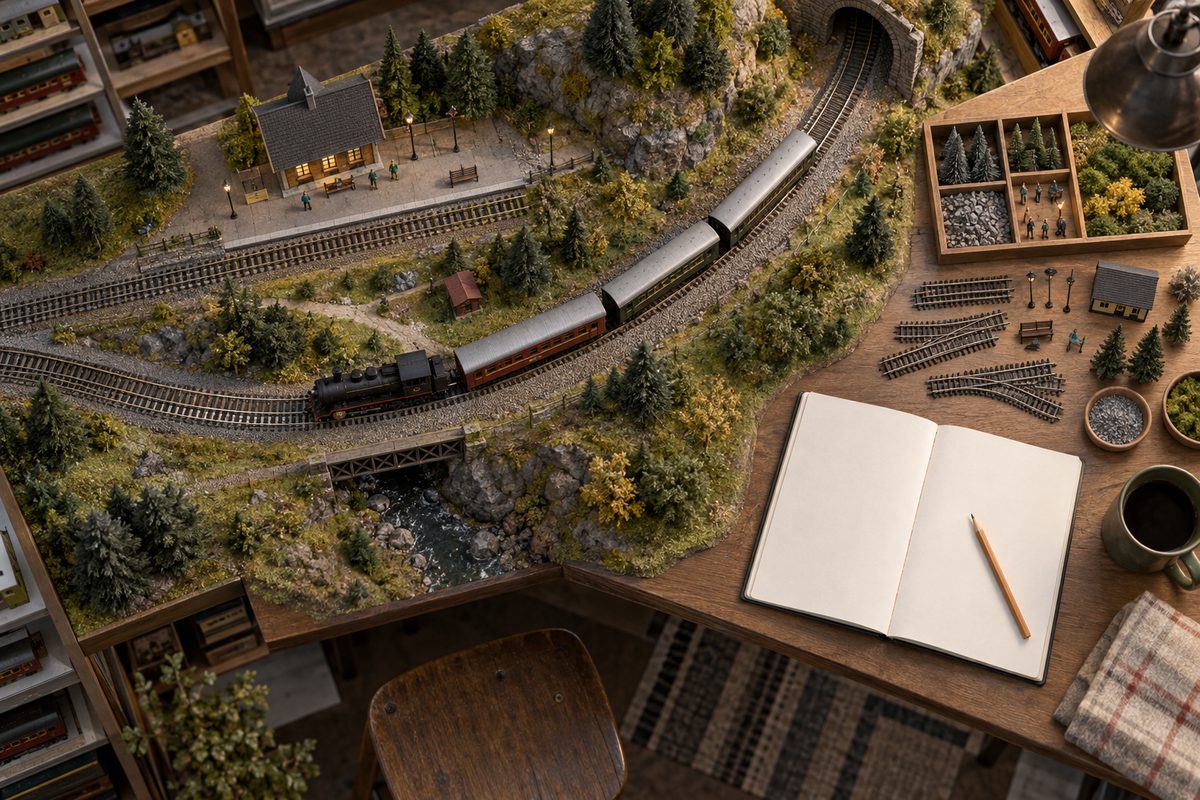 Et modellokomotiv kjører gjennom en detaljert miniatyrskog ved en liten stasjon, med blank notatbok og skinner ved siden av.