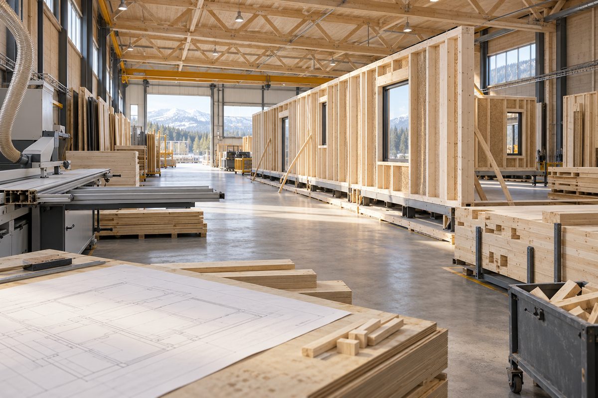 En lys trebasert fabrikkhall med reisverk til modulhus, stablede treelementer, kappsag og plantegning på arbeidsbordet.
