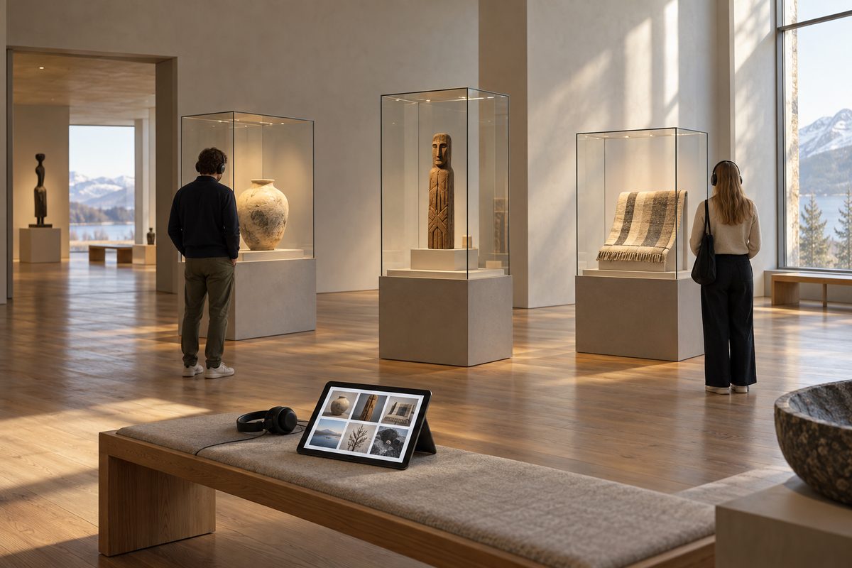 I et lyst museumsgalleri står keramikk, treskurd og tekstiler i glassmontere mens besøkende lytter til lydguide.