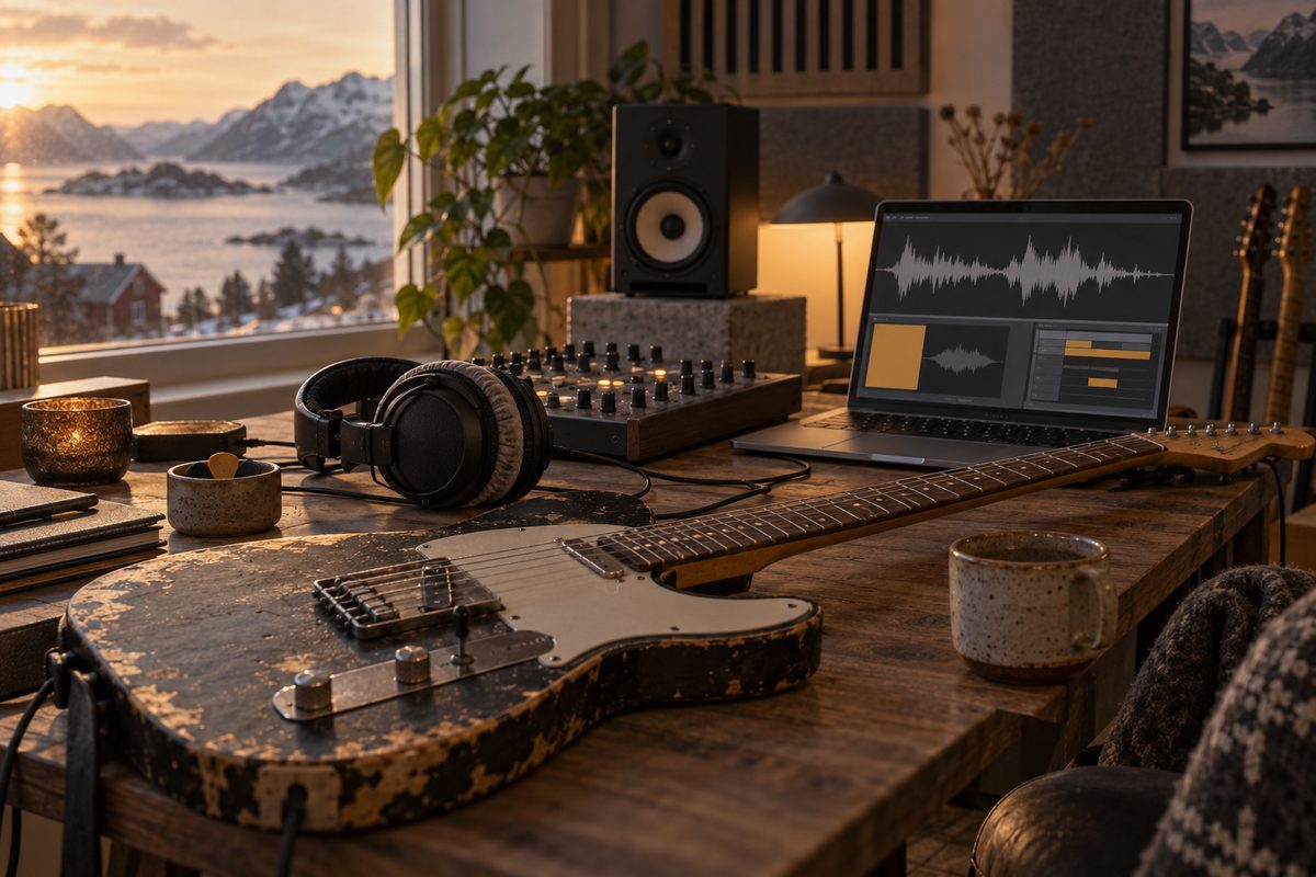 Hodetelefoner, gitar og mikser står i et hjemmestudio med en skjerm som viser en enkel lydkurve.