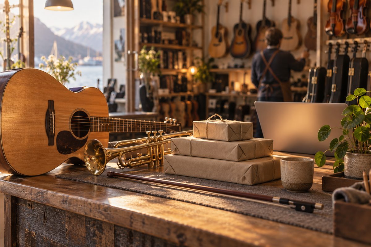 En gitar og trompet står ved innpakkede pakker og en åpen datamaskin på disken i en varm norsk instrumentbutikk.