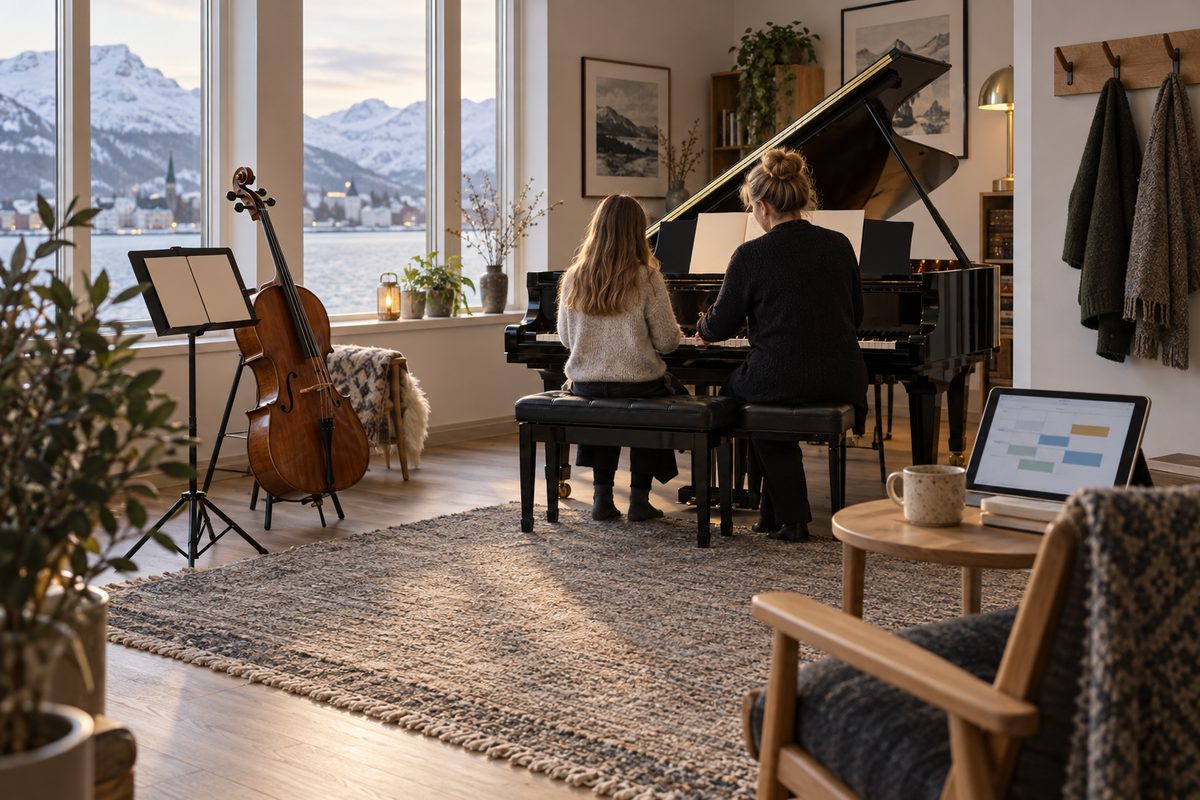 En elev og lærer ved et piano i et lyst øvingsrom, med cello, notestativ og timeplan på et nettbrett.